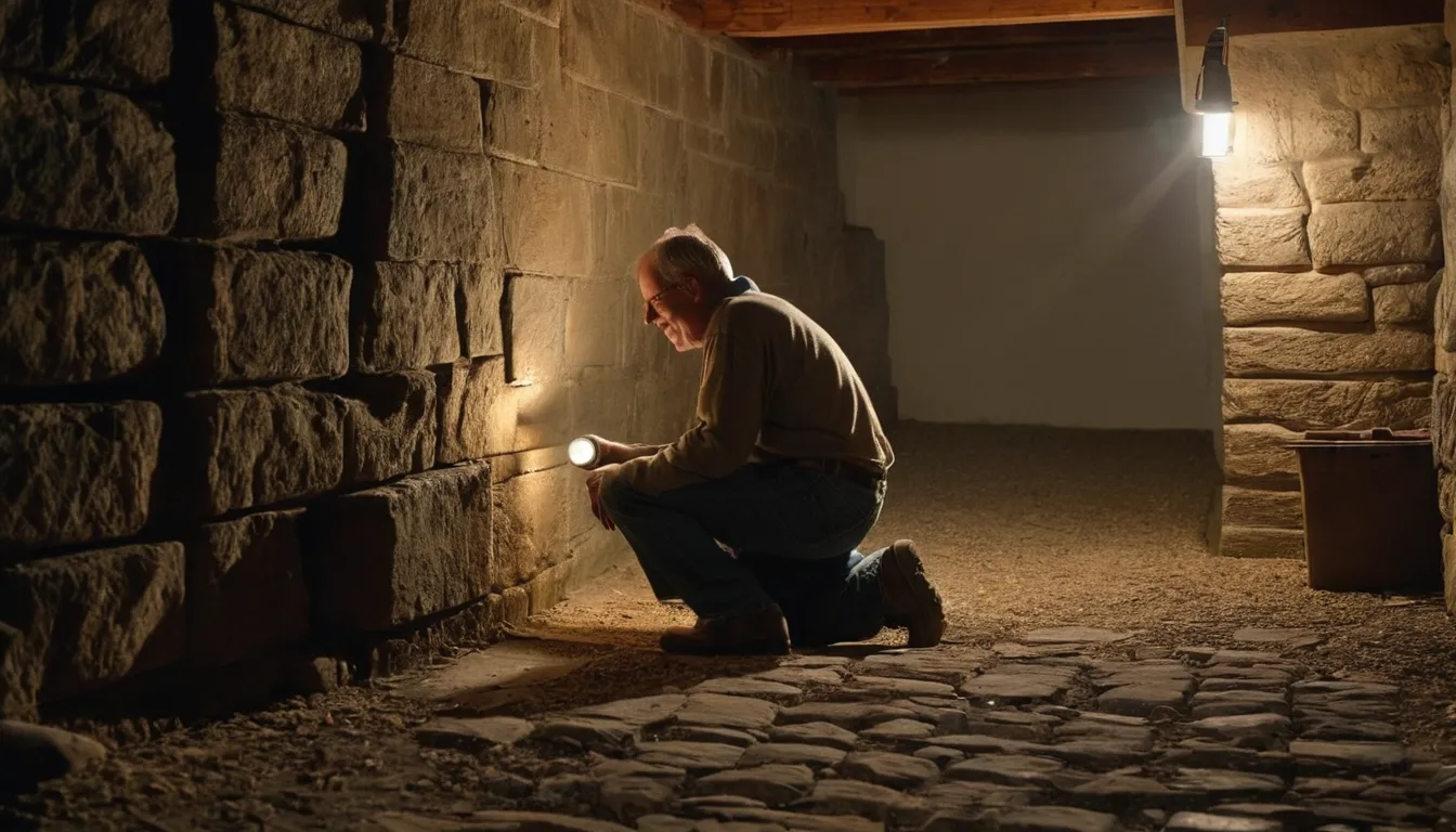 A provider checking a basement foundation wall for pest entry points near New Brunswick