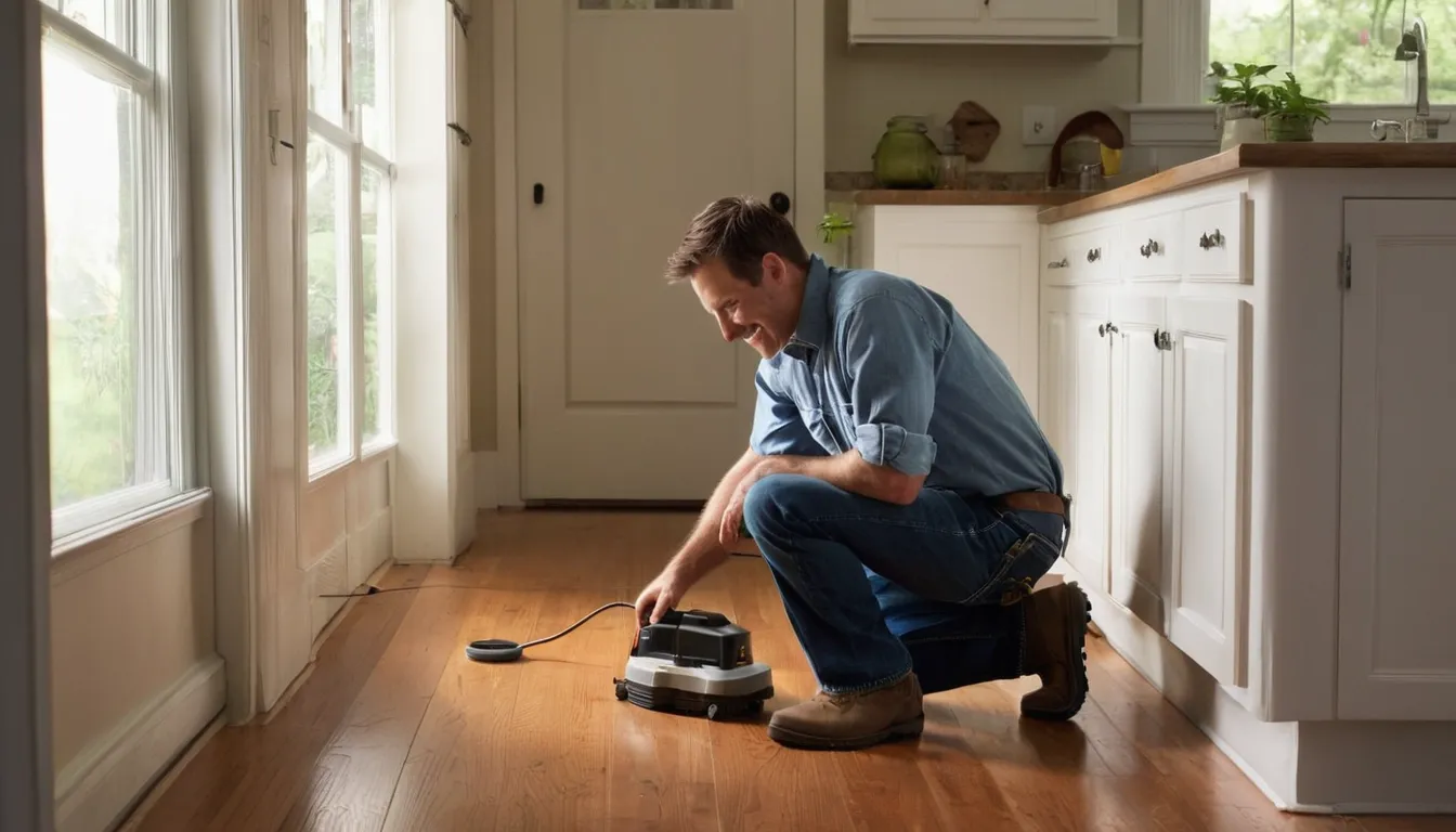 Friendly pest control provider inspecting a kitchen baseboard with a homeowner in a home near New Brunswick