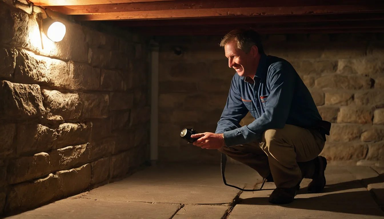 A provider inspecting a basement stone foundation for termites in a home near New Brunswick
